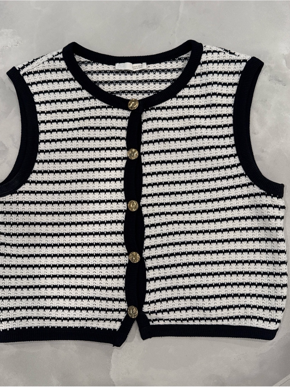 Zara Black and White Striped Knit Sleeveless Cardigan